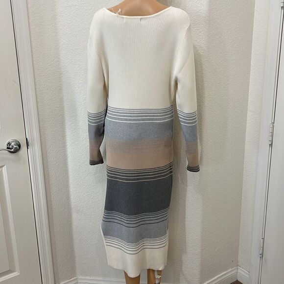 Madden Girl Cream Gray Long Sleeve Dress Scoop Neck Long Sleeve Ribbed Midi New - Picture 8 of 13